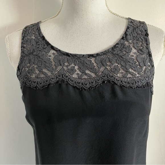J. Crew • Solid Black 100% Silk Lace Neckline Tank Top - Picture 2 of 4
